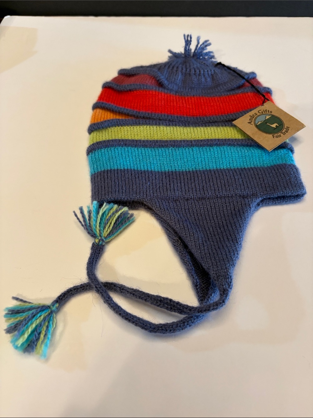 Fair Trade Kids Earflap Knit Hat in Blue with Multicolor Stripes